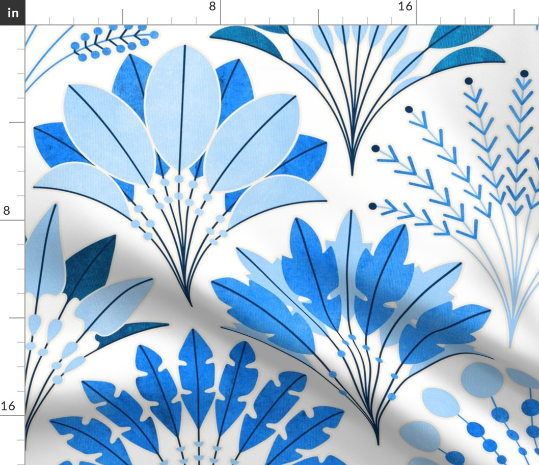Art Deco Block Print Palms - Chine Blue and White - Large Scale 