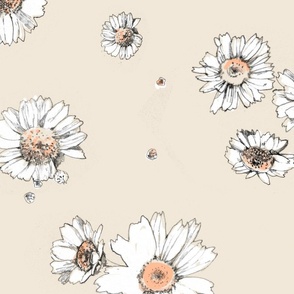 Large Scale Hand Drawn Pencil White Daisies Spaced Out on Pristine Cream
