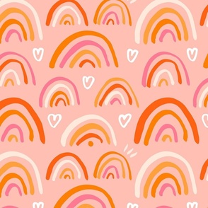 Cute texture with colourful rainbows and hearts on a pink background in small scale