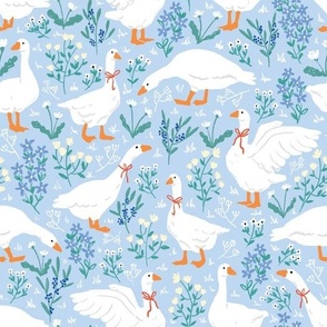 Goose Easter Spring fabric wallpaper medium scale blue