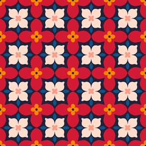 Beautiful pattern with geometric floral tile design in red and blue colours