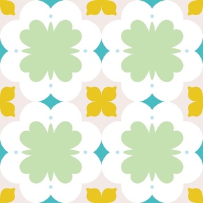 Beautiful geometric pattern with floral tiles in pastel colours