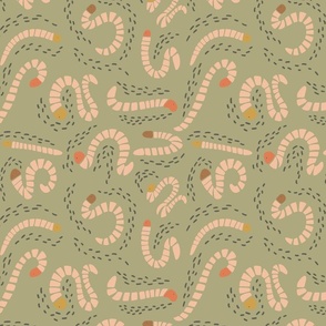 Playful Worm Trails with sage green background 