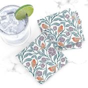 Garden Melody: Serene Bird and Floral Pattern - Whimsical Nature Fabric Design