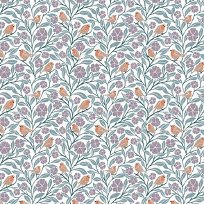 Garden Melody: Serene Bird and Floral Pattern - Whimsical Nature Fabric Design