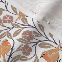 Garden Melody: Serene Bird and Floral Pattern - Whimsical Nature Fabric Design