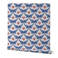 USA July 4th Blue Bows Red Hearts on White Linen - Grandmillennial