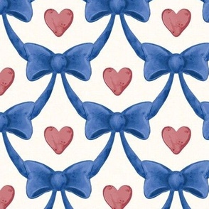 USA July 4th Blue Bows Red Hearts on White Linen - Grandmillennial