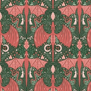 Maximalist Folk Dragons and Enchanted Forest Friends - coral pink and green - medium