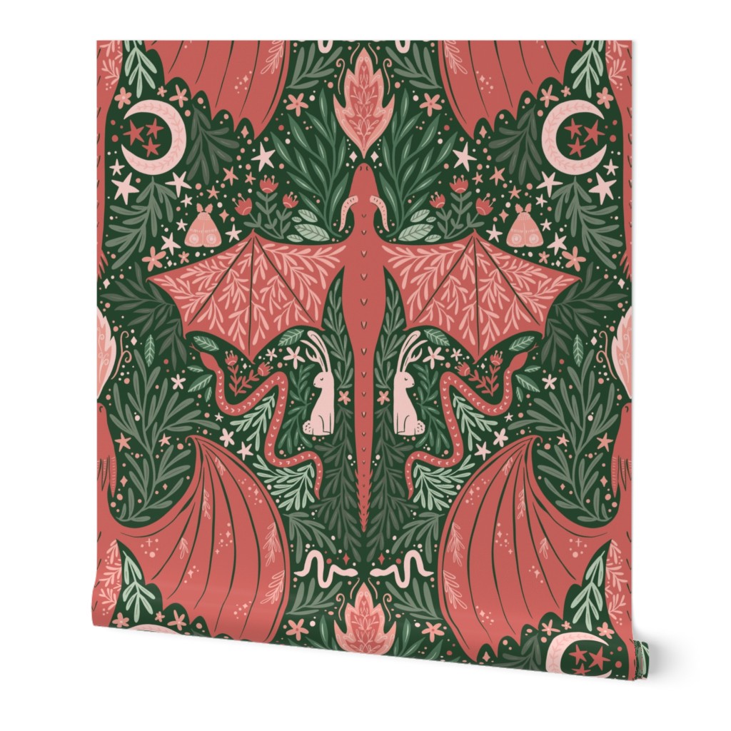 Maximalist Folk Dragons and Enchanted Forest Friends - coral pink and green - large