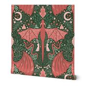 Maximalist Folk Dragons and Enchanted Forest Friends - coral pink and green - large