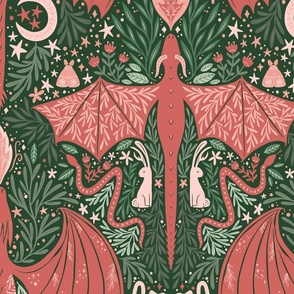 Maximalist Folk Dragons and Enchanted Forest Friends - coral pink and green - large