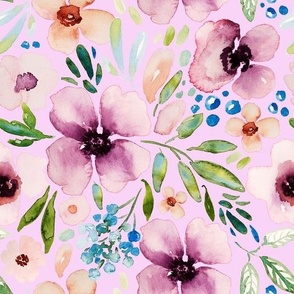 Delicate Blooming Garden, Hand Painted Watercolor Purple Flowers, Berries and Greenery on Pink, Large Scale