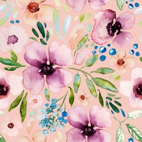 Delicate Blooming Garden, Hand Painted Watercolor Purple Flowers, Berries and Greenery on Light Peach, Large Scale