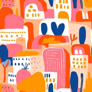 Hand painted landscape with buildings in a town with pink and orange and navy buildings and details. 