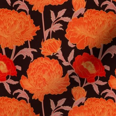 Vintage red and orange flower fines on a black background.