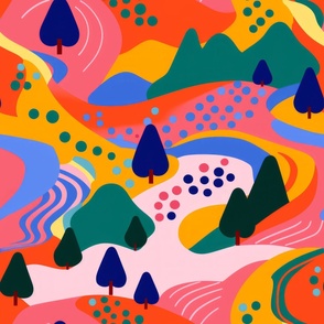 A bright and primary colored landscape handmade with illustration and lines. Mountains and trees and whimisical.  04