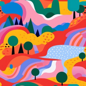 A bright and primary colored landscape handmade with illustration and lines. Mountains and trees and whimisical.  03