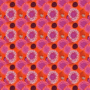 Fun hand painted vintage inspired flowers in a garden in pink and orange and navy and some green on a light pink background. Geometric repeat pattern.