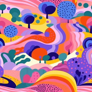 An abstract illustrated swirling landscape with purple, pink and bright colors and trees and land forms. 