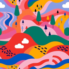 A bright and primary colored landscape handmade with illustration and lines. Mountains and trees and whimisical.  02