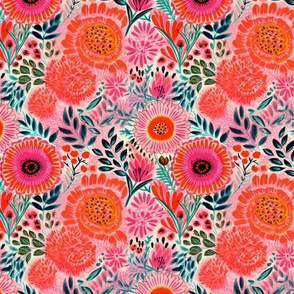 Fun hand painted vintage inspired flowers in a garden in pink and orange and navy and some green on a light pink background.
