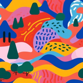 A bright and primary colored landscape handmade with illustration and lines. Mountains and trees and whimisical.  01