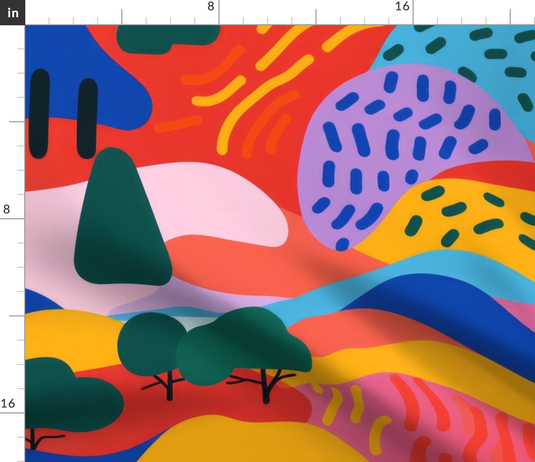 A bright and primary colored landscape handmade with illustration and lines. Mountains and trees and whimisical.  01