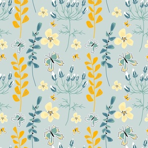 Cute floral pattern with butterflies. Yellow, turquoise leaves and butterflies on a light .