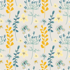 Cute floral pattern with butterflies. Yellow flowers on a grayish-beige background.