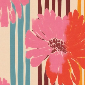 A handmade large scale vertical striped surface design with giant pink and orange flowers. 