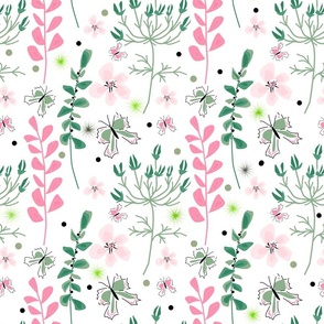 Cute floral pattern with butterflies. Pink, turquoise leaves and butterflies on a white .