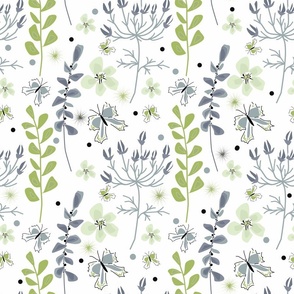 Cute floral pattern with butterflies. Mint, gray leaves and butterflies on a white .
