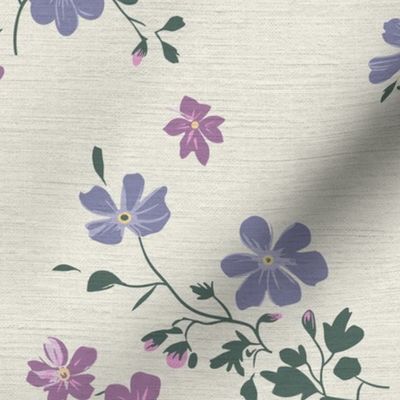 Anne's Ditsy Floral Meadow lavender and pink on off-white linen backround -medium scale