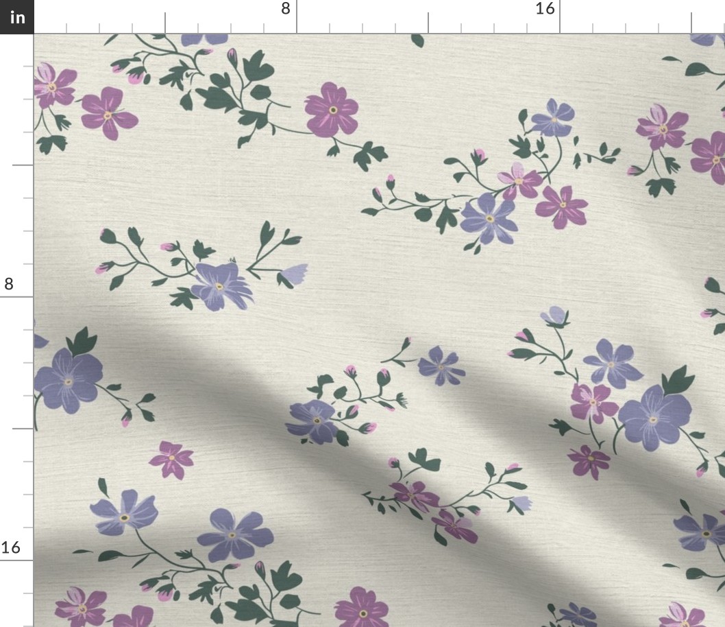 Anne's Ditsy Floral Meadow lavender and pink on off-white linen backround -medium scale