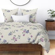 Anne's Ditsy Floral Meadow lavender and pink on off-white linen backround - large scale