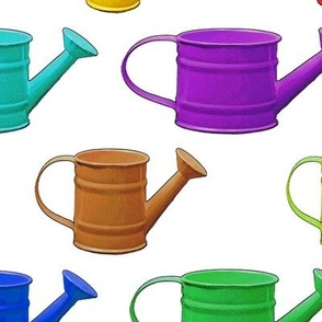 Multicolor and Various Sized Watering Cans on White Background