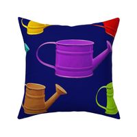 Multicolor and Various Sized Watering Cans on Dark Blue Background