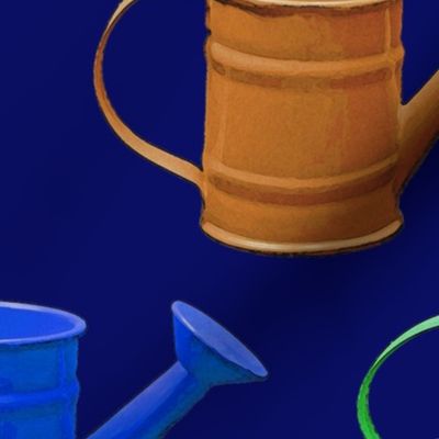 Multicolor and Various Sized Watering Cans on Dark Blue Background