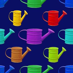 Multicolor and Various Sized Watering Cans on Dark Blue Background