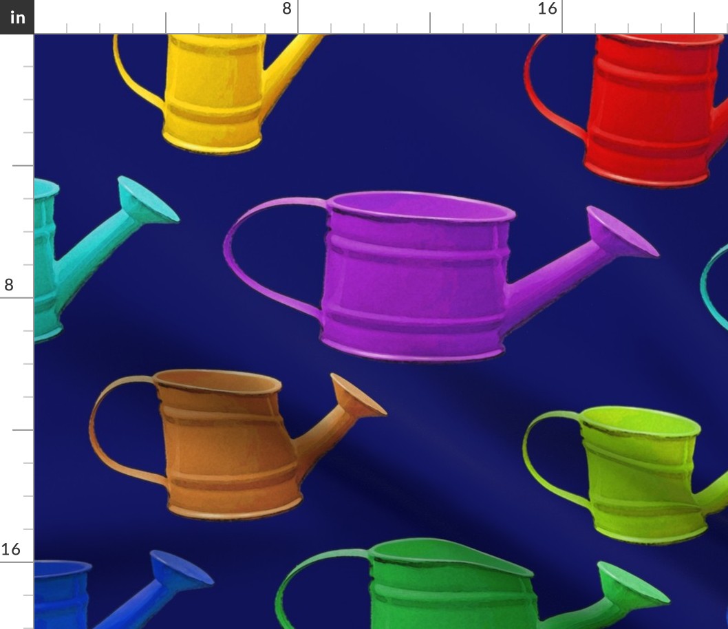 Multicolor and Various Sized Watering Cans on Dark Blue Background