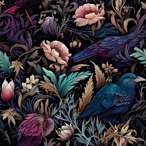 Jewel toned dark floral and birds