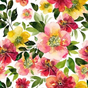 Vibrant Watercolor Spring Florals on White, Large Scale
