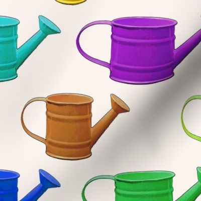 Multicolor and Various Sized Watering Cans on an Off-White Background