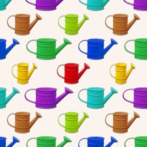 Multicolor and Various Sized Watering Cans on an Off-White Background