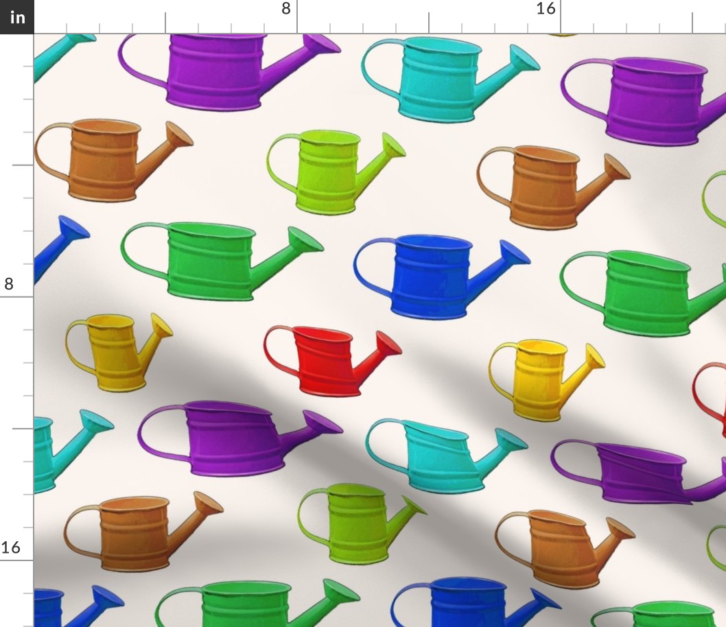 Multicolor and Various Sized Watering Cans on an Off-White Background