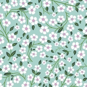 Folk Art Vining floral in mint, white and lilac / art deco ditsy floral