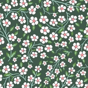 Folk Art Vining floral in green and pink / art deco ditsy floral