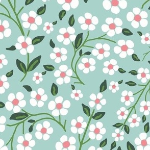 Folk Art Vining floral in mint, green and pink / art deco ditsy floral