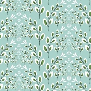 Art Nouveau Feathers in stripes of Arches in white & green on mint blue 